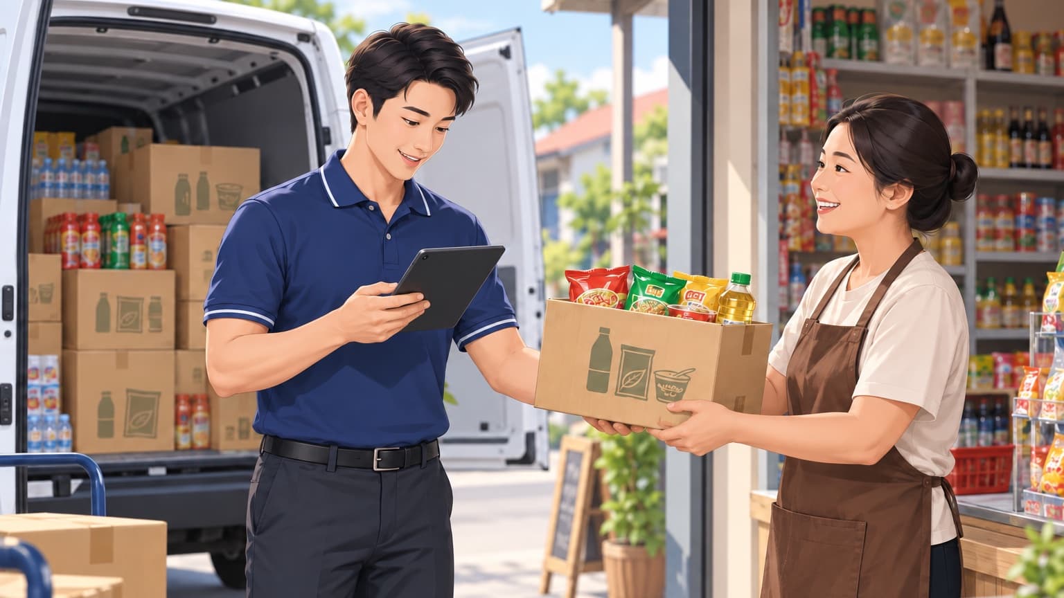 A sales rep checks an order on a tablet while handing a box of goods to a smiling shop owner, with an open delivery van behind