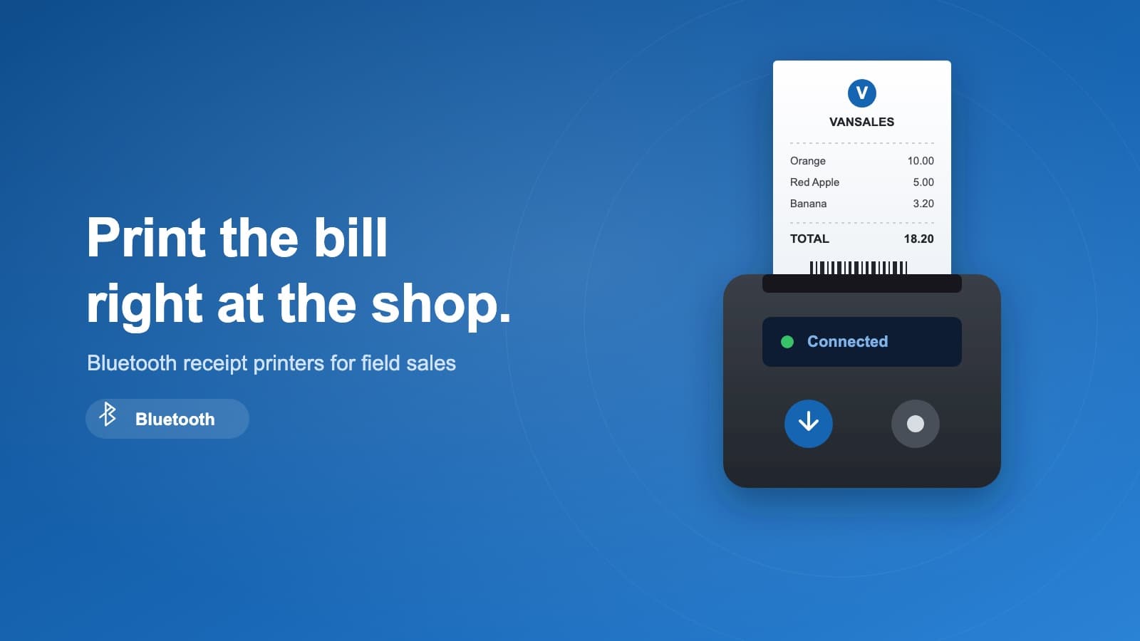 A mobile Bluetooth thermal receipt printer printing a Vansales bill in the field